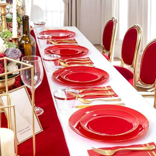 NOCCUR 350PCS Red Plastic Plates - Disposable Red Gold Dinnerware Set for 50 Guests, 100 Dinner/Dessert Plates, 150 Gold Silverware, 50 Cups&50 Napkins for Party/Wedding/Hibachi Party - Image 6