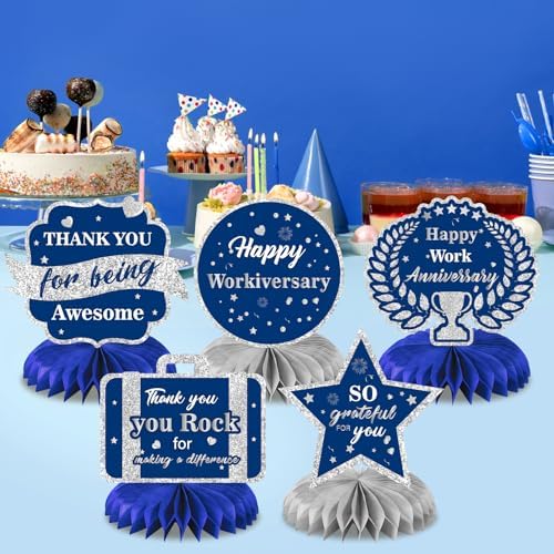 9Pcs Happy Work Anniversary Decorations Navy Blue Silver Happy Workiversary Table Honeycomb Centerpieces Office Anniversary Party Table Topper Decor for Employee Worker Appreciation Supplies - Image 5