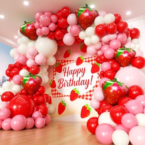 Strawberry Balloons Garland Arch Kit 163pcs with 27" Strawberry Foil Balloons, Red and Pink white Balloons for Sweet Girl Berry First Birthday Themed Baby Shower Strawberry Party Decorations by PTGOLUO
