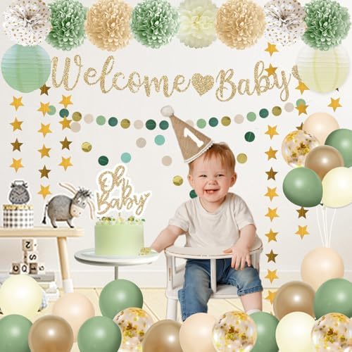 Sage Green Baby Shower Decorations Gender Neutral Baby Shower Decorations Welcome Baby Banner Sage Green Balloons Paper Lanterns Pom Poms Flowers Tablecloth Tassels Mom to Be Sash Dad to Be Pin - Image 4