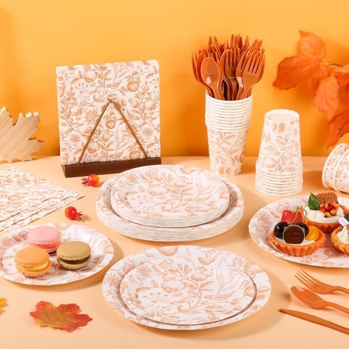Fall Gold Floral Birds Fruits Disposable Paper Plates and Napkins Set - Image 4