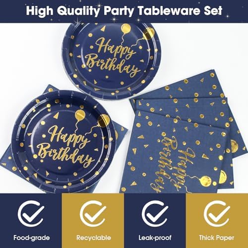 96PCS Happy Birthday Plates and Napkins Party Supplies, Black and Gold Disposable Paper Plates and Napkins with Forks Tableware Set for Birthday Party Decorations 24 Guests (Birthday Blue) - Image 3