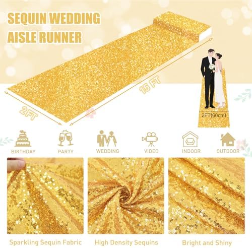 FUHSY Gold Carpet Runner Sequin Aisle Runner Runway Rug for Party 2FT x 15FT Long Sparkly Wedding Runners for Prom Birthday Hallway Aisle Decorations - Image 2