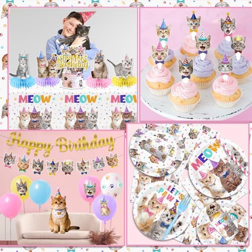 Cat Birthday Decorations,190pcs Cat Party Decorations cat Birthday Plates and Napkins Cups Tablecloth Cake Topper Hanging Swirls Centerpiece Balloon for Ca t Party Supplies - Image 5