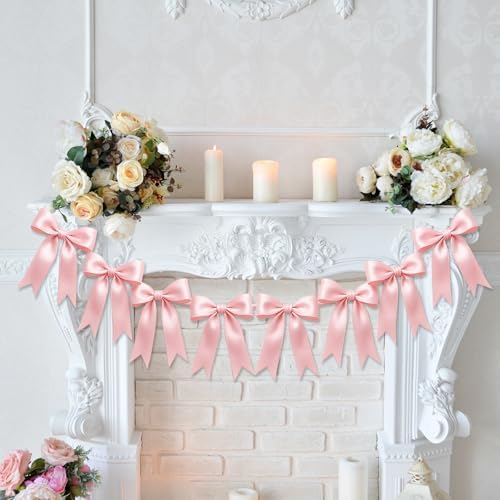 1 String of 8PCS Pink Bow Garland Banner Decoration,Pre-Strung Satin Ribbon Ornaments for Birthday,Bachelorette Party,Bridal Shower,Wedding,Engagement,Baby Shower,Graduation Decor,Anniversary - Image 7
