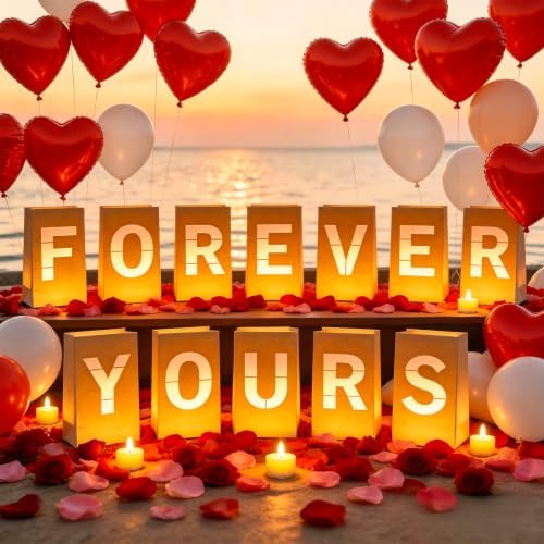 FOREVER YOURS Light Up Letters, with Tea Lights Candles, Rose Petals, Pearlescent Foil Balloons - Luminary Paper Bags, Anniversary Decorations and Valentines' Day Decorations for Your Loved One - Image 5