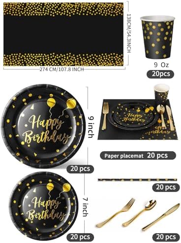 Nkaiso 161 Pcs Black Gold Birthday Plates and Napkins Set -20 Serves - Image 3