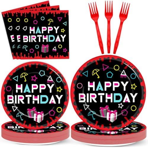 96pcs Squid Birthday Plates and Napkins Squid Party Supplies Survival Theme Disposable Tableware Set for Kids Men Women Retro Challenge Theme Birthday Party Supplies Decoration Serve 24 by partygreeting
