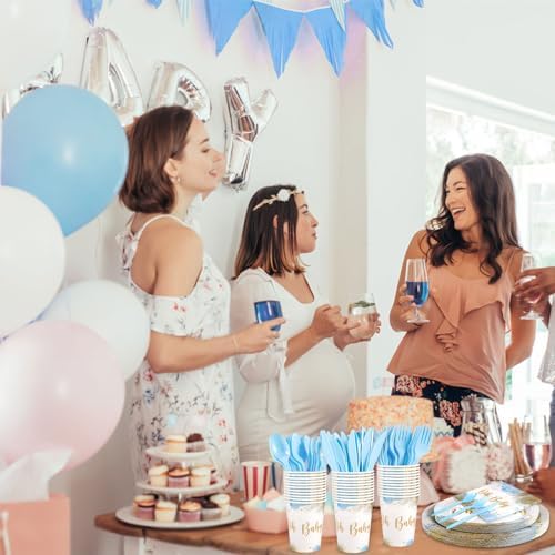 175 Pcs Baby Shower Tableware Set For 25, Dusty Blue Boy Party Supplies - Image 6