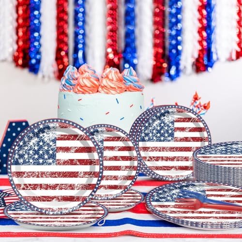 50 Guests 4th of July American Flag Patriotic Party Decorations Plates Napkins 250th Anniversary Themed Tableware Set Veterans Day Party Supplies Independence Paper Plates Napkins 200PCS - Image 7