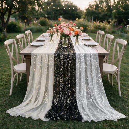 Artoid Mode 3PC Beige Black White Gauze Table Runner 120 Inch 10FT, Glitter Metallic Foil Sheer for Wedding Anniversary Holiday Birthday Home Party Decor by ArtoidMode