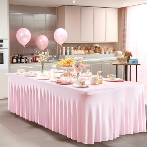 Wish Care 6 Pack Pink Spandex Table Clothes for 8 Foot Rectangle Tables, 8FT Wrinkle Free Fitted Tablecloths Ruffles Design Table Cover for Party, Banquet, Wedding and Events - Image 5