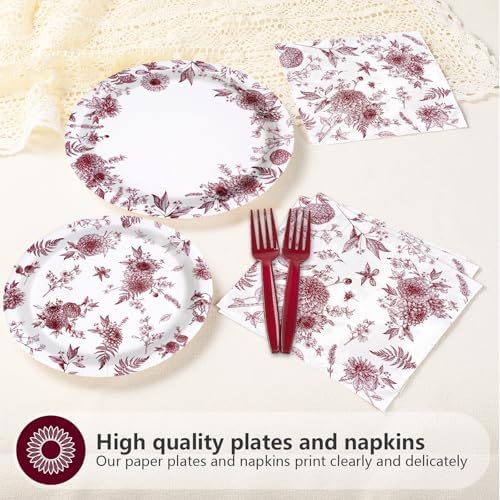 96 Pcs Red Burgundy Floral Party Decorations, Serves 24 - Image 3