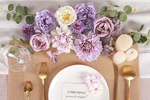 Floweroyal Artificial Flowers Combo Purple Flowers Mix Silk Flowers Dahlia Roses with Stems for DIY Wedding Bridal Bouquets, Baby Shower, Floral Arrangement, Table Centerpieces, Home Decorations. - Image 3