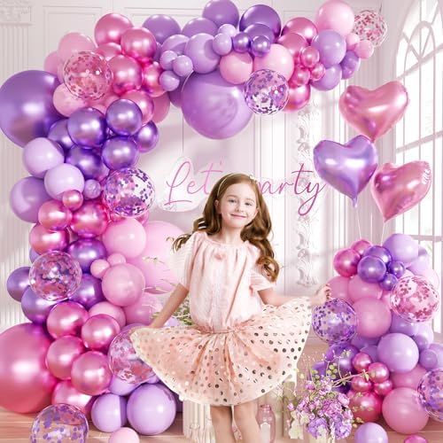Pink Purple Balloon Garland Arch Kit,160Pcs Metallic Purple Magenta Balloons Pink and Purple Confetti Balloons with Heart Foil Balloon for Girl Birthday Bridal Baby Shower Party Decoration - Image 6