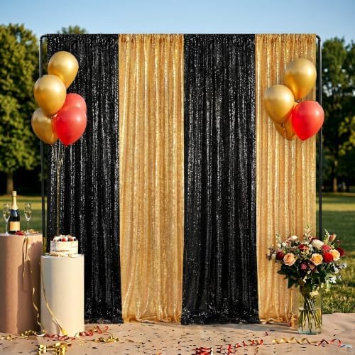 Gold Sequin Backdrop Curtain Panels Stage 2 Pieces 2FTx8FT Sheer Gold Curtains Backdrop Photo Backdrop Curtains for Wedding Birthday Party Background Drapes Christmas Decorations - Image 2