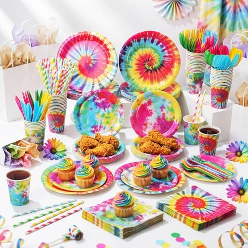 450 Pcs Tie Dye Tableware Set, Serve 50, Rainbow - Image 6
