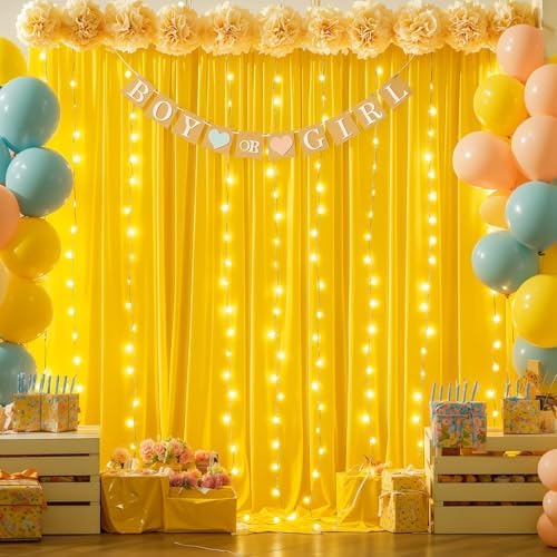 Yellow Backdrop Curtains with Lights for Parties,10x10FT Wrinkle Free Wedding Photo Backdrop Light Tulle Curtains for Baby Shower Birthday Ceremony Reception Home Party Decorations-5ft x 10ft by Partisky