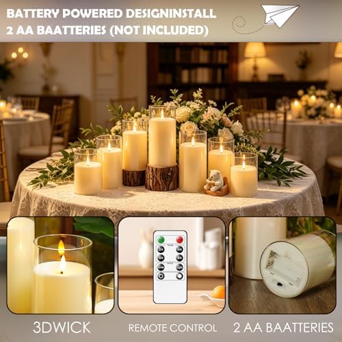 kakoya Flickering Flameless Candles Battery Operated with Remote and 2/4/6/8 H Timer Acrylic Led Pillar Candles Pack of 9 (D 3" xH 4" 5" 6") with Realistic 3D Wick Candles for Home Decor(Ivory) - Image 3