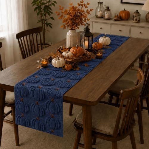 Fall Table Runner 13x120 Inch Soft Plush Faux Fur Jacquard Navy Blue Pumpkin Table Runner, Seasonal Autumn Kitchen Dining Table Decoration for Home Party Decor ZR010D120 - Image 4