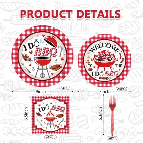 96 Pcs I Do BBQ Party Decorations - BBQ Bachelorette Party Decorations with Red Gingham Plates Napkins Forks, Summer Wedding Engagement Bridal Shower Tableware Set, Serving 24 - Image 2