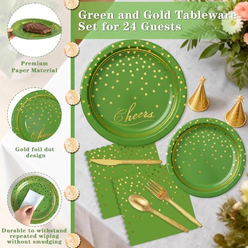 168Pcs Green and Gold Paper Plates and Napkins Party Supplies for 24 Guest - Image 4