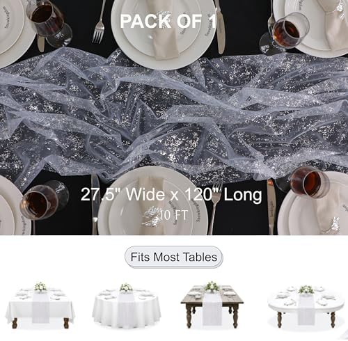 Snowkingdom White Silver Table Runner Gauze Sheer Tulle 10 FT 120 Inch Sparkly Metallic Foil Glitter Sequin Party Table Decor Centerpieces for Party Wedding Bridal Baby Shower Christmas New Year - Image 2