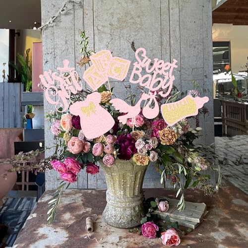 Gyufise 12Pcs Baby Shower Centerpiece Sticks Glitter Tie Onesie Oh Baby Gender Reveal It's a Girl Table Centerpiece Sticks for Baby Shower Gender Reveal Kids Birthday Party Supplies Light Pink - Image 5