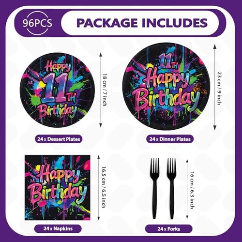 96 Pcs Neon Graffiti 11th Birthday Party Decorations, Serves 24 - Image 5