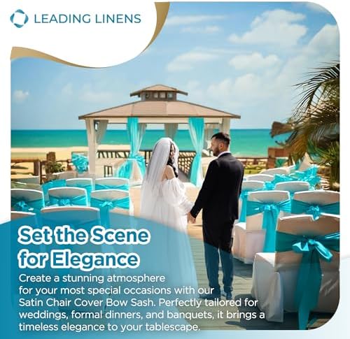Leading Linens 200 pcs Aqua Blue 108"x8" Satin Bow Sash Chair Cover Decor - Image 3