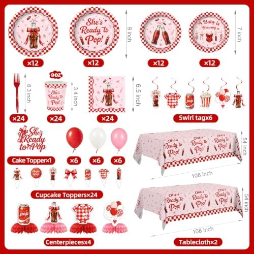 182 Pcs She's Ready to Pop Baby Show Party Decorations(Serves 24), Ready to Pop Baby Shower Decorations Include Banner Hanging Backdrop Plates Napkins Cups Forks Tablecloth Topper Balloons for Party - Image 2