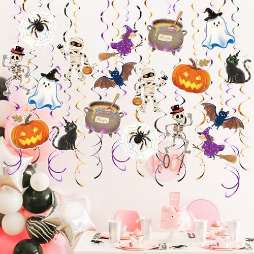 Halloween Hanging Party Decorations, 48 Pcs,Ceiling Decor Indoor Swirl Witches Cauldron Ghost Pumpkin Skull Cat Witch Party Supplies Sign,Black Purple Orange - Image 6