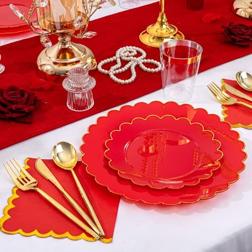 LIYH 210 Pcs Red Gold Scalloped Plastic Plates, Red Plates for Party - Image 2