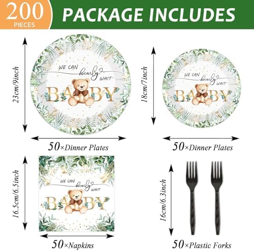 Naozinebi 200PCS Sage Green Bear Baby Shower Decoration Teddy Plates Napkins We Can Bearly Wait Paper Plates Greenery Bear Party Tableware Set for Gender Reveal Neutral Party Decor Supplies Serves 50 - Image 2