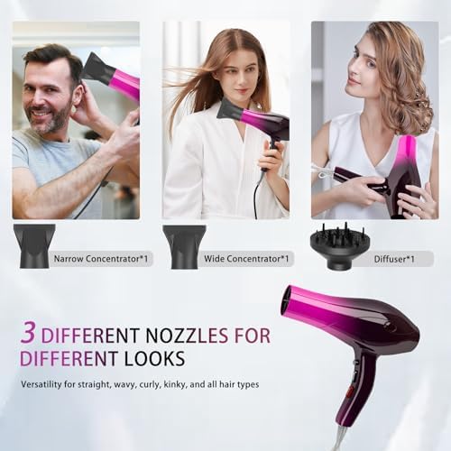Ionic Hair Dryer,2400W Negative Ion Low Noise Hair Dryer Professional Fast Drying Hair Dryers with 2 Speeds, 3 Heat Settings, Cooling Button,with Diffuser for Curly and Straight Hair（Crimson Fade） - Image 6