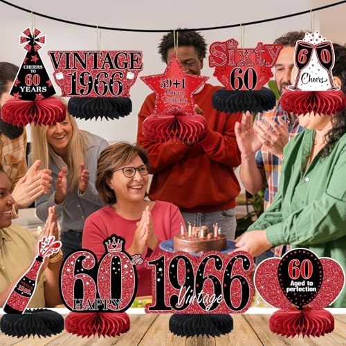 9Pcs 60th Birthday Decorations Red and Black 60th Birthday Party Decorations for Women,Happy 60 Years Vintage 1966 Aged Honeycomb Centerpieces Table Sign Decor Supplies - Image 7