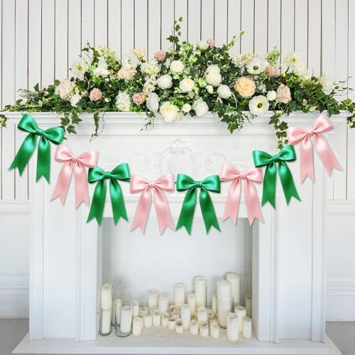 1 String of 8PCS Pink&Green Bow Garland Banner Wicked Party Decoration,Pre-Strung Satin Ribbon Ornaments for Birthday,Bachelorette Party,Wedding,Engagement,Baby Shower,Graduation Decor,Anniversary - Image 6