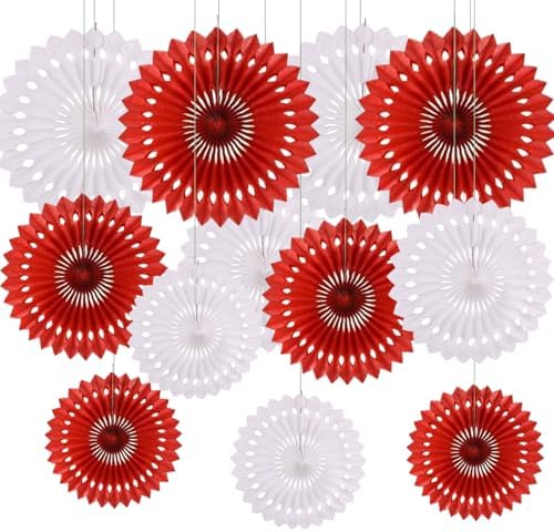 CC wonderland zone 12PCS Red and White Paper Fans Party Decorations,Hanging Ceiling Honeycomb Round Tissue Paper Fans for Baby Shower Wedding Valentine's Day Engagement Birthday Party Decorations by CC+wonderland+zone