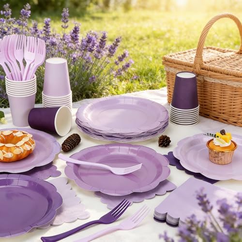 Purple Plates and Napkins Party Supplies, 9’’ Pastel Purple Disposable Paper Plates and Cups and Napkins Set for Baby Shower, Birthday, Wedding Party Decorations Serves 48 - Image 5