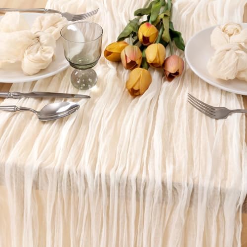 Ivory Cheesecloth Table Runner Farmhouse Fall Table Runner 10ft, 3 Pack - Image 3