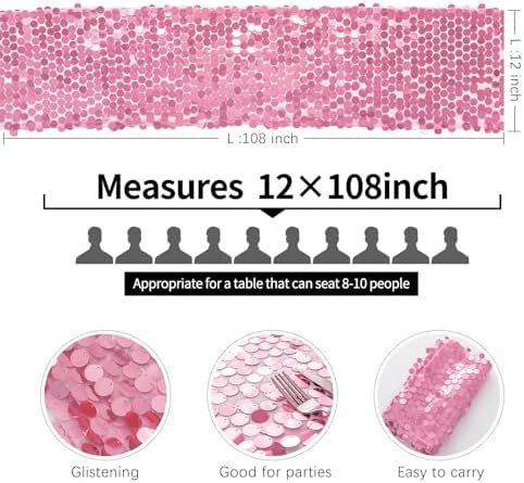 Pufogu 12 "x 108" Sequin Table Runner, Pink Glitter Premium Big Sequin Table Runner, Rectangle Table Runners for Halloween, Christmas, Wedding Party, Birthday Party, Banquet Decor (1 Pack). - Image 4