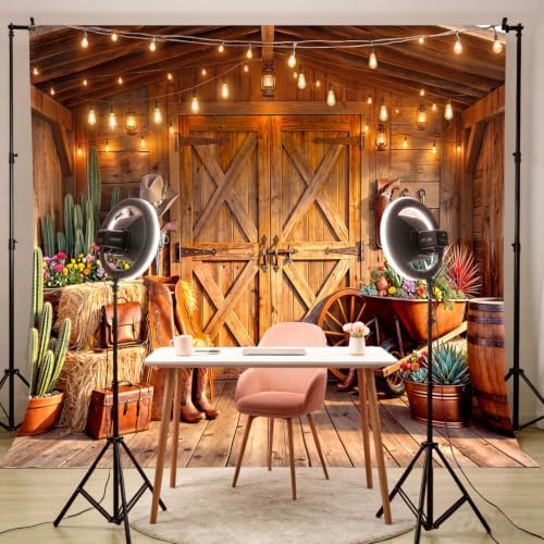 Western Cowboy Barn Wooden Door Backdrop Rustic Farm Hay Cactus Country Farmhouse Photography Background for Party Birthday Portrait Photo Booth Decor 5x4 FT - Image 4