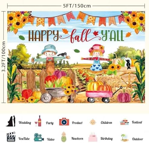 Happy Fall Thanksgiving Backdrop Banner Pumpkin Patch Photography Background for Kids Fall Festival Party Decorations Photo Booth Backdrop Wall Decor Indoor Outdoor 5x3 ft - Image 3