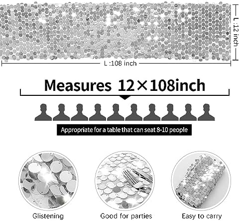 Pufogu 12 x 108 Inch Sequin Table Runner, Silver Glitter Premium Big Sequin Table Runner, Rectangle Table Runners for Halloween, Christmas, Wedding Party, Birthday Party, Banquet Decor (1 Pack). - Image 4