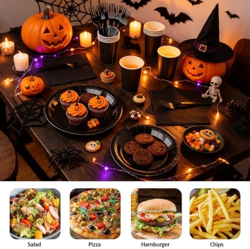 Black Paper Plates and Napkins, Disposable Black Party Plate Include 7&9INCH Plates Cups Napkins Forks Party Supplies for Halloween, Father‘s Day, Graduations, Retirement, Birthday, for 25 Guests - Image 4