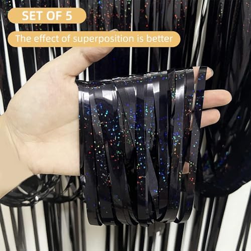 5 Pack Black Foil Curtain Backdrop 3.2ft x 9.8ft Metallic Tinsel Foil Fringe Curtains Streamer Photo Booth Backdrop for Birthday Party Engagement Bachelorette Party Decorations - Sparkle Black - Image 2