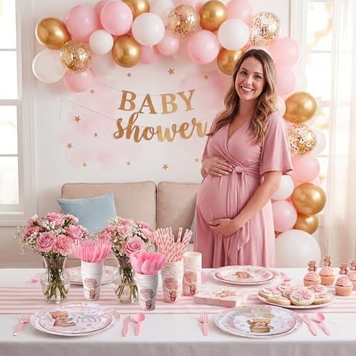 450 Pcs Bear Baby Shower Tableware Set, Serve 50, Pink - Image 5
