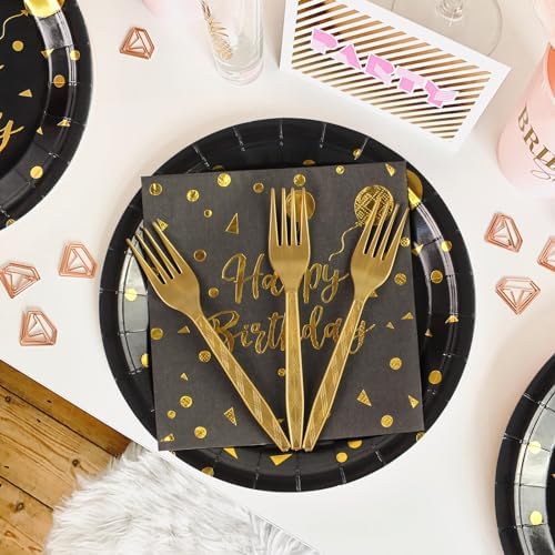 96PCS Happy Birthday Plates and Napkins Party Supplies, Black and Gold Disposable Paper Plates and Napkins with Forks Tableware Set for Birthday Party Decorations 24 Guests (Birthday Black) - Image 4