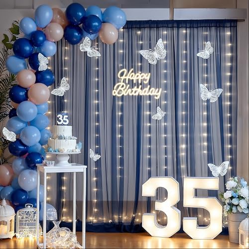 10x10ft Navy Blue Tulle Backdrop Curtain with Lights String for Parties, Sheer Photo Backdrop Drapes for Wedding Baby Shower Birthday Photography Stage Decorations - Image 2