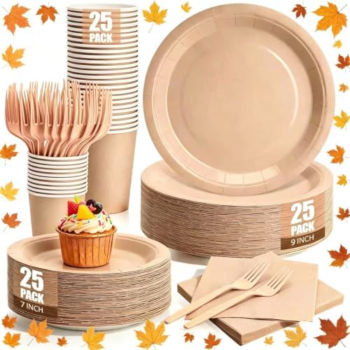 125Pcs Brown Plates and Napkins Party Supplies, 9’’& 7'' Disposable Khaki Paper Plates and Cups and Napkins Forks Set for Baby Shower, Wedding, Fall Birthday Party Decorations, Serves 25 by CENLBJ